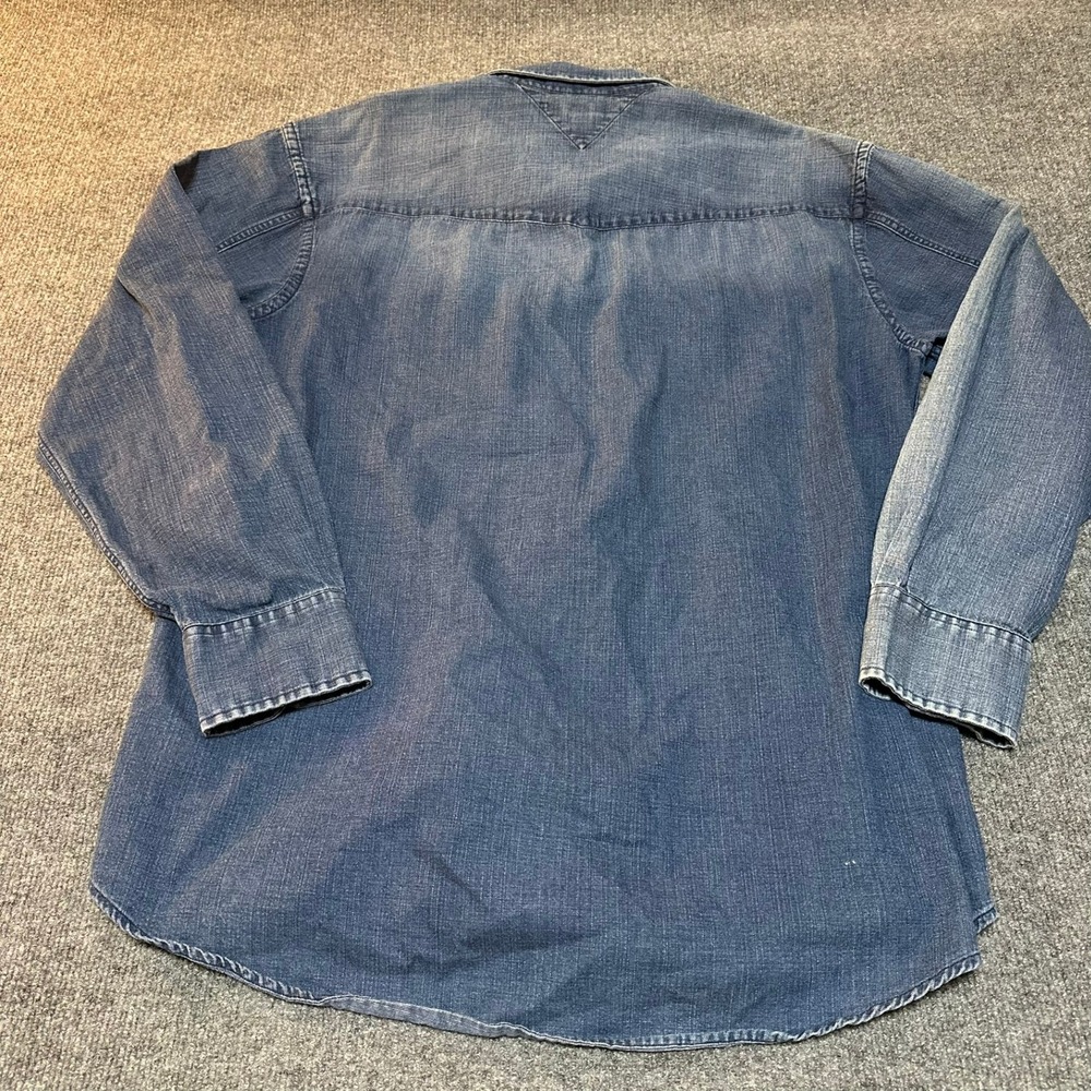 Tommy Hilfiger Mens XL Denim Western Snap Shirt Blue Faded Corduroy Collar - Picture 2 of 6